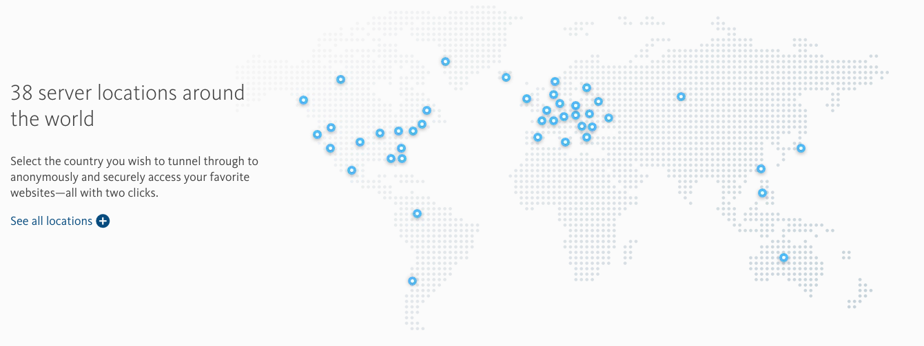 Avira Phantom VPN имеет серверы в 38 различных местах,