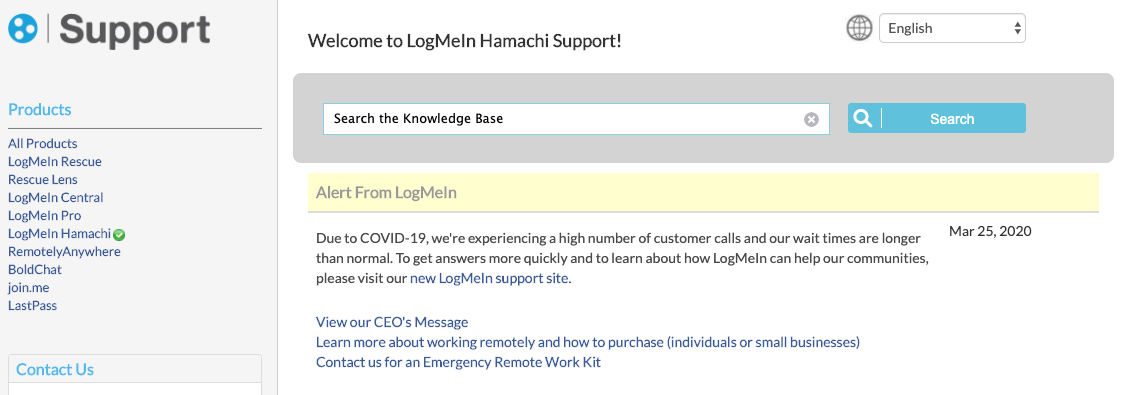 Servicio técnico de Hamachi no cuenta con chat en vivo.
